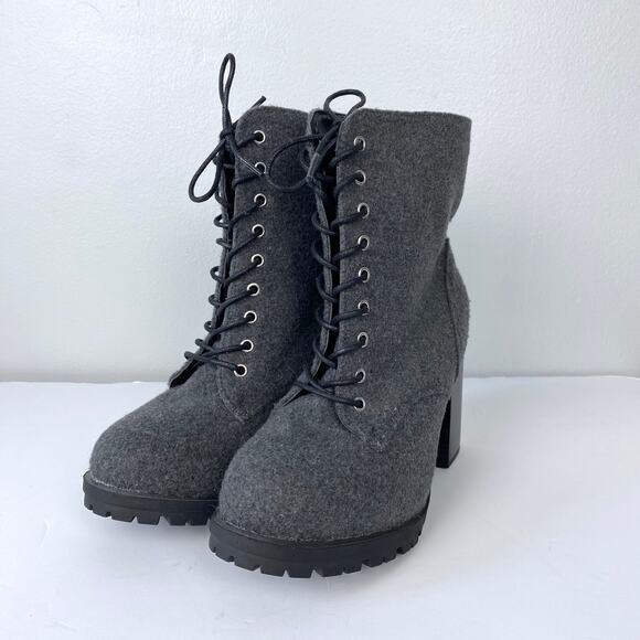 Lane Bryant Wool Blend Chunky Boots Lace Up Stacked Heel Gray Felt Boots Zip 9W - Picture 4 of 9